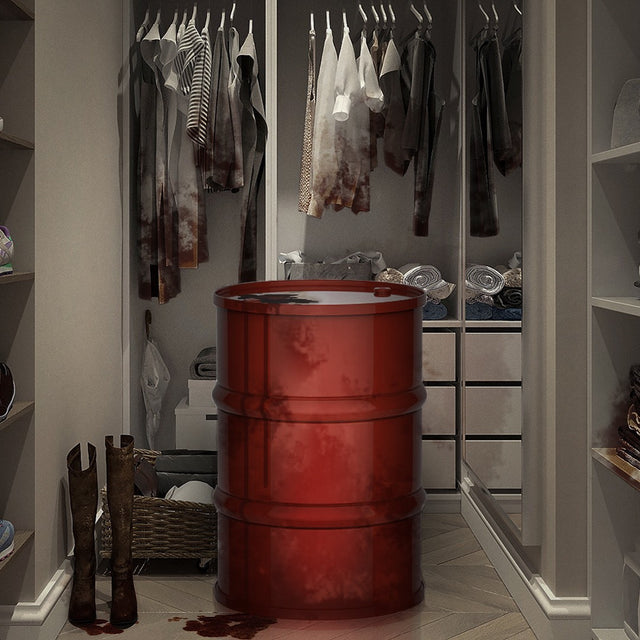 Oil barrel with oil on the clothes in a wardrobe, illustrating that your clothes contain oil and synthetic materials.