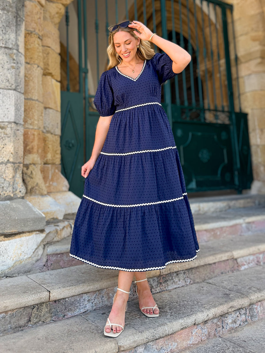 dress navy blue and white Athletic Fit Stretch Suit Short Sleeves Fit & Flare Sleeveless Linen-Blend