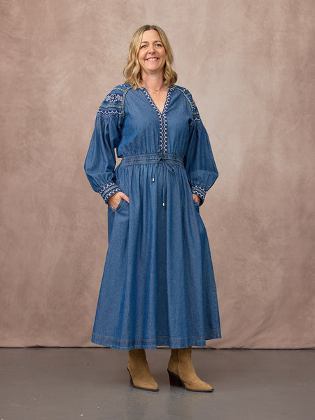 Dolly Embroidered Denim Dress - Blue