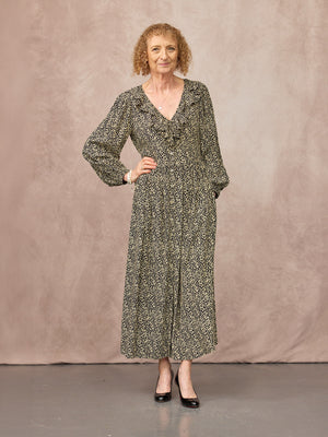 Emma Frill Neckline Long Sleeve Dress - Black & Natural