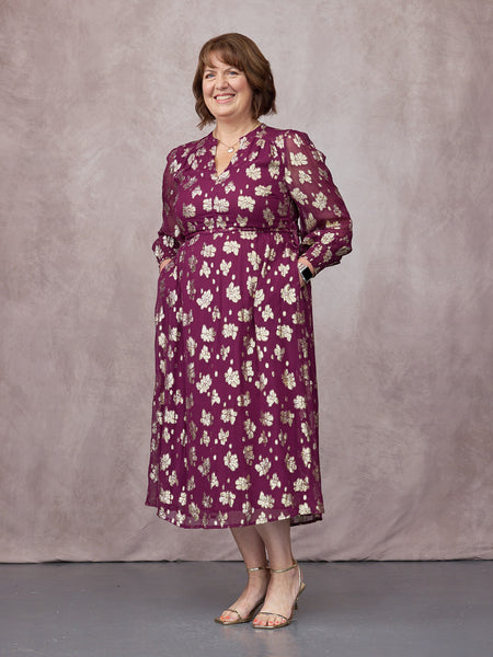 Libby Long Sleeve Floral Lurex Dress - Plum & Gold