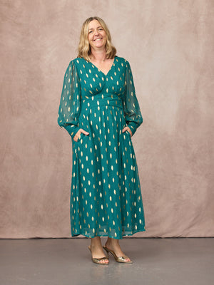 Loulou V-Neck Long Sleeve Lurex Dress - Teal & Gold
