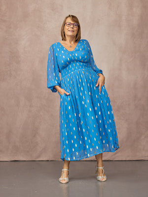 Maddie Long Sleeve Lurex Dress - Blue