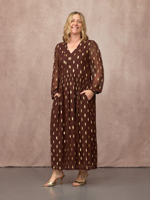 Minna Relaxed Lurex Dress - Chocolate & Gold