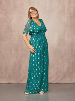 Shelly V-Neck Lurex Jumpsuit - Teal & Gold