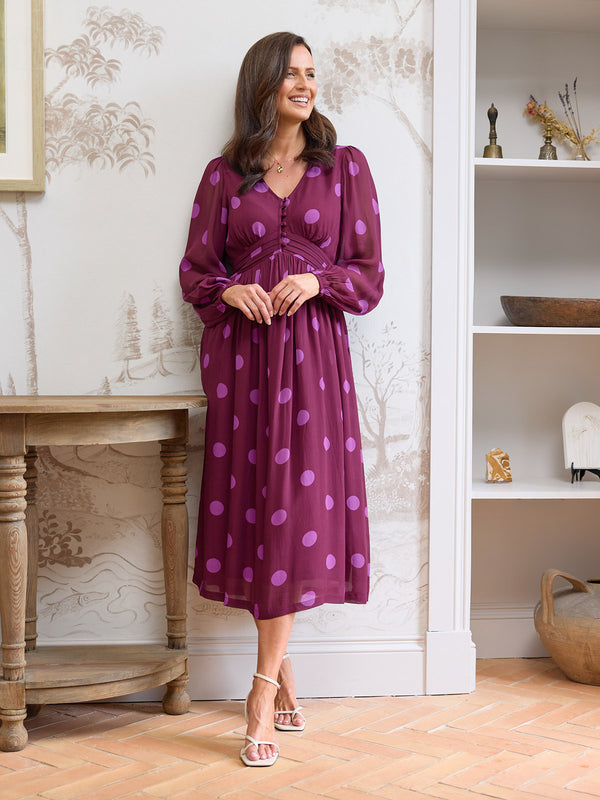 Connie Georgette Dress - Purple Spot Print