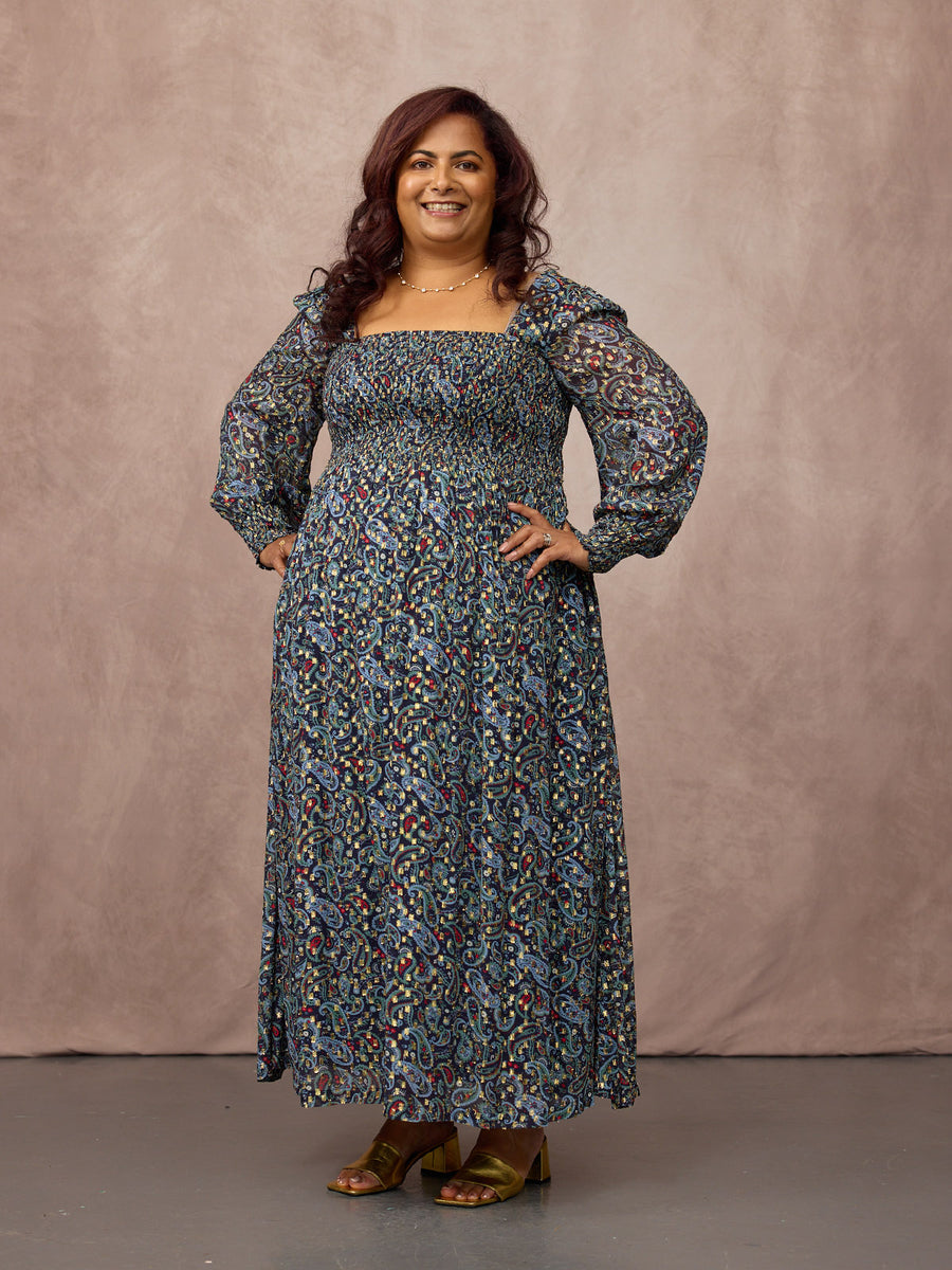 Sharmini Square Neck Paisley Print Lurex Dress - Multi & Gold