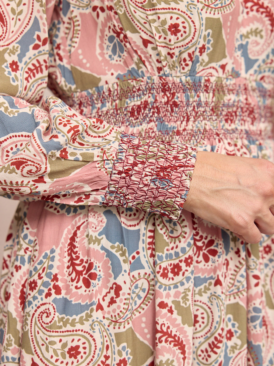 Hatty Contrast Shirring Dress - Multi Paisley Print