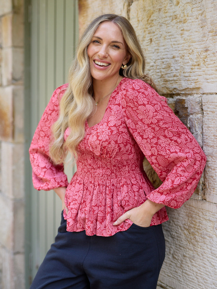 Yara Long Sleeve V-Neck Top - Red & Pink Abstract Floral Print