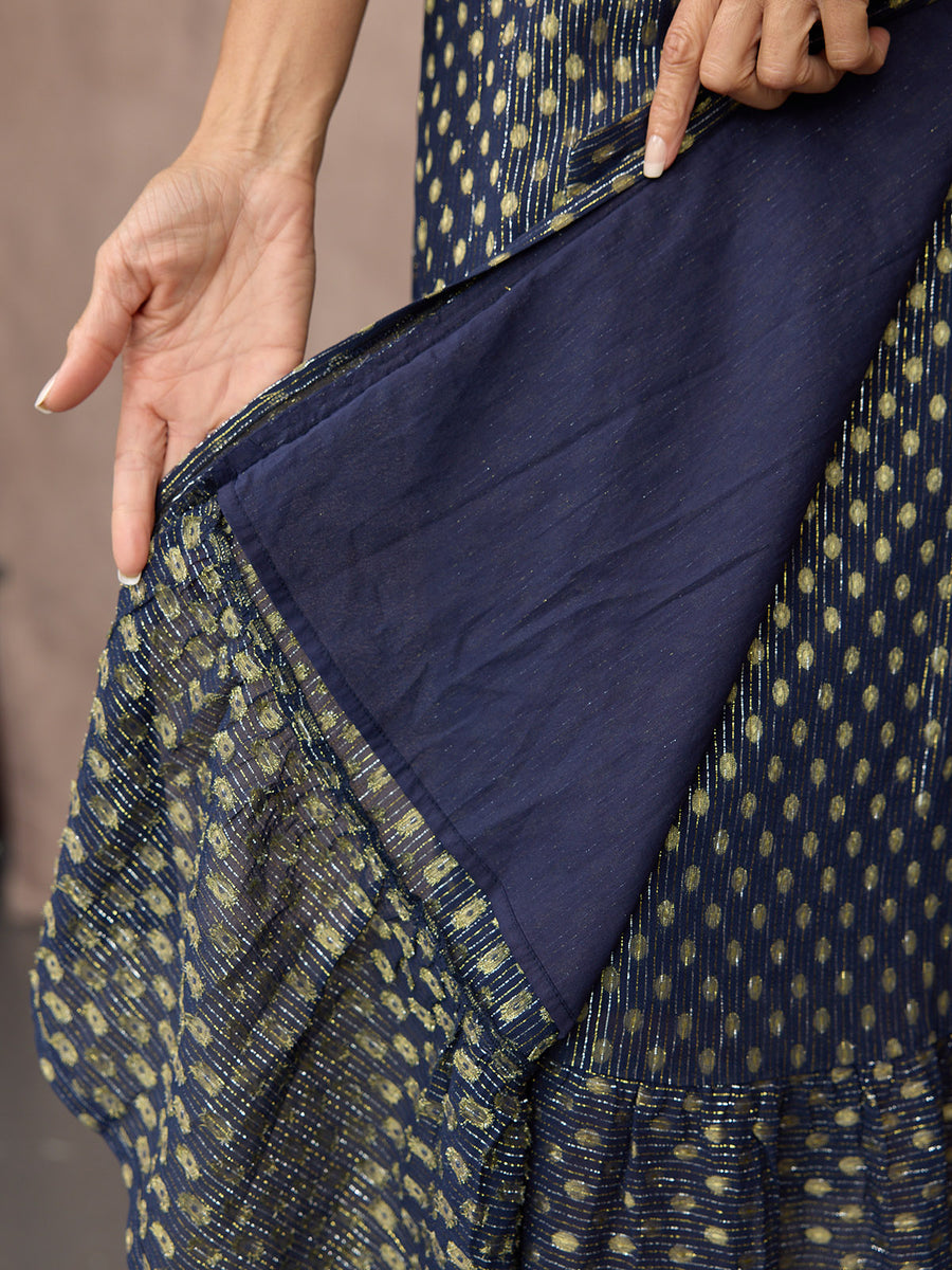 Tricia Wrap Lurex Dress - Navy, Silver & Gold