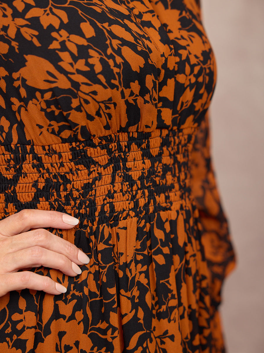 Eleanor Tiered Skirt Dress - Orange & Black Floral Print