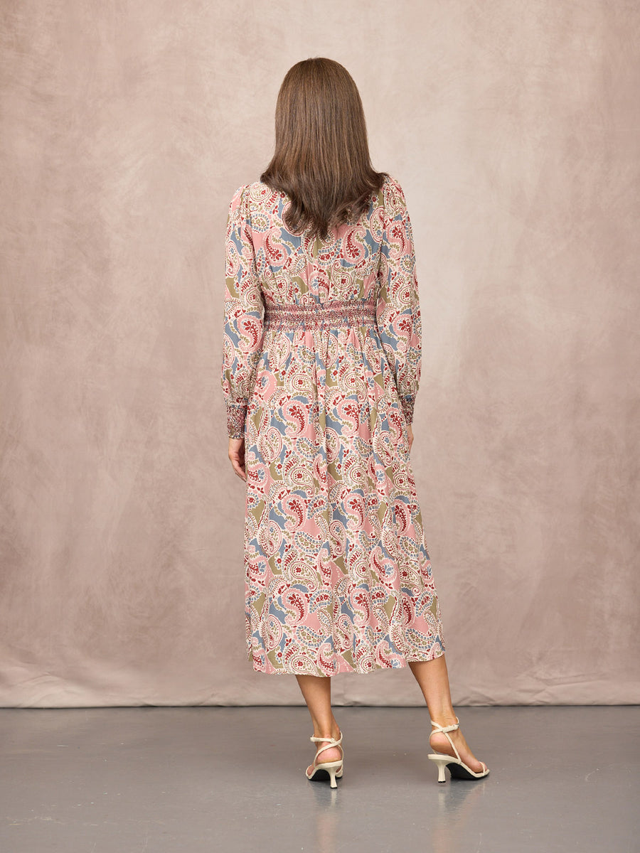 Hatty Contrast Shirring Dress - Multi Paisley Print