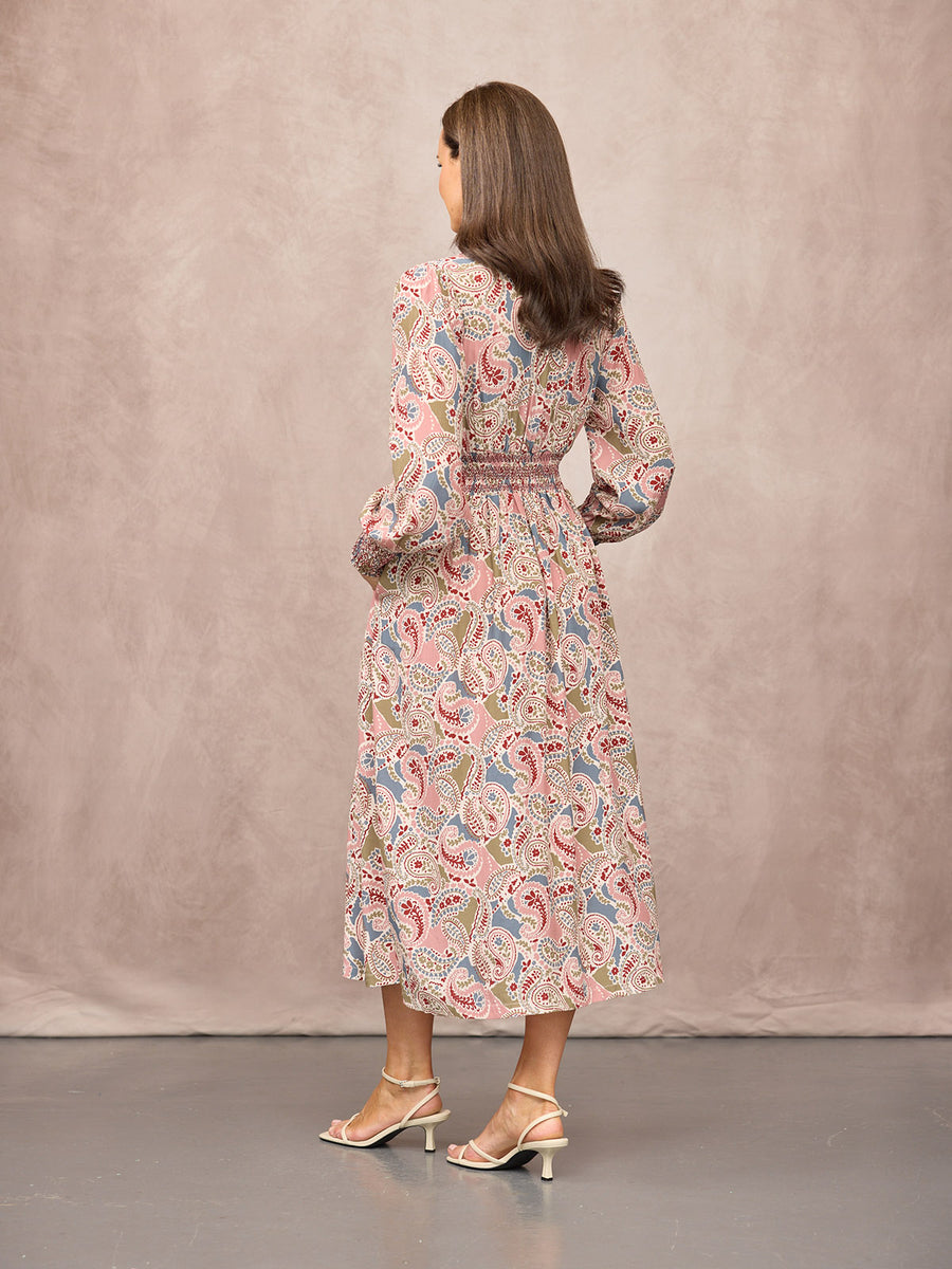 Hatty Contrast Shirring Dress - Multi Paisley Print