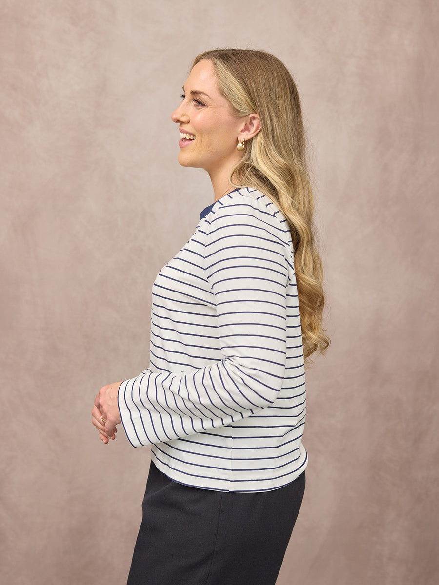 Wanda Long Sleeve Stripe Jersey Top - Off White & Navy