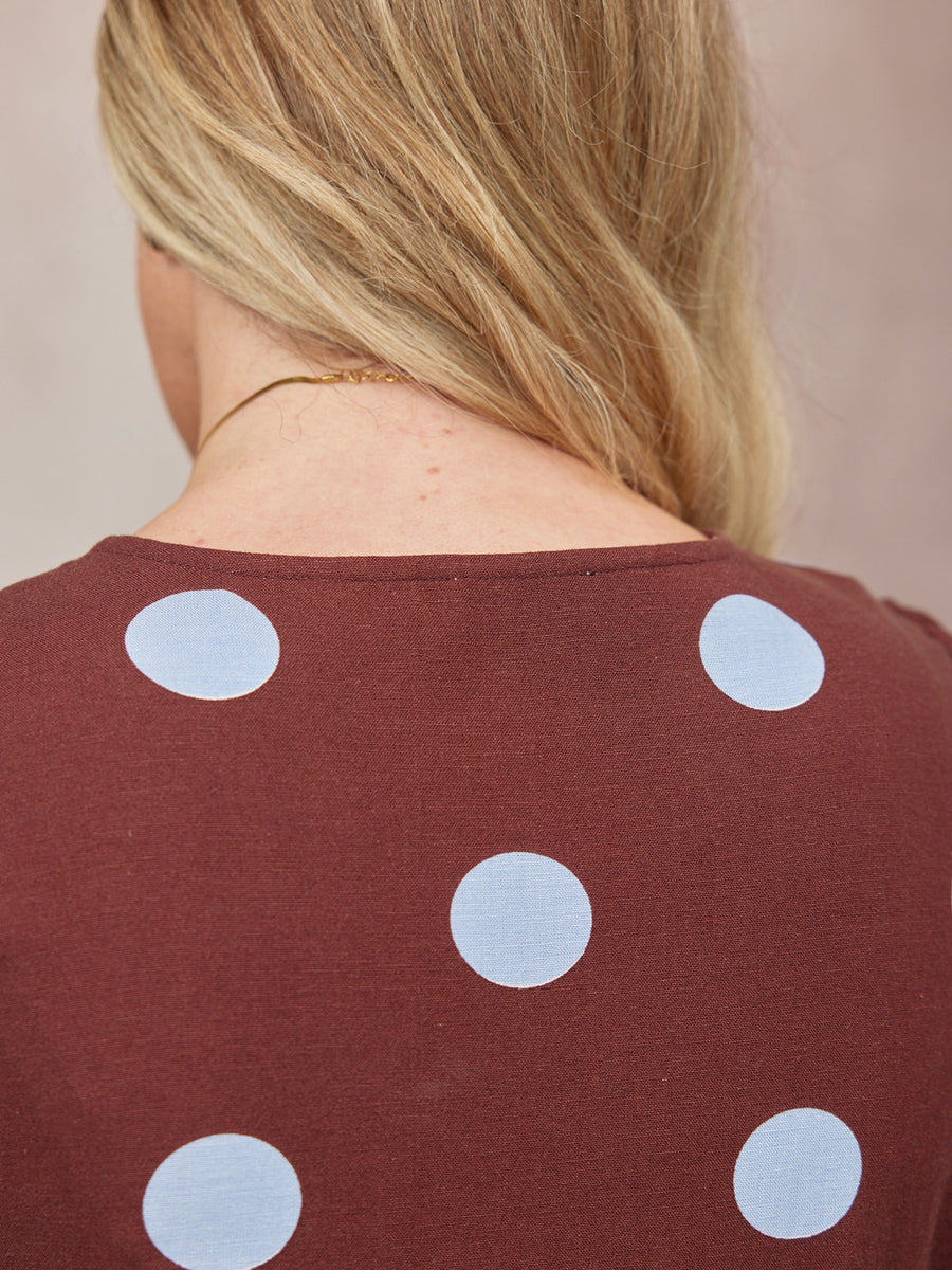 Rodica Puff Sleeve Dress - Brown & Blue Polka Dot