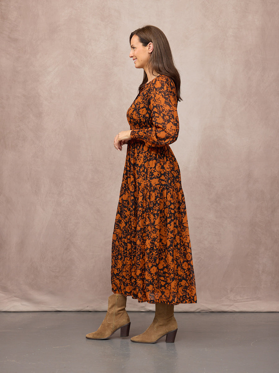 Eleanor Tiered Skirt Dress - Orange & Black Floral Print