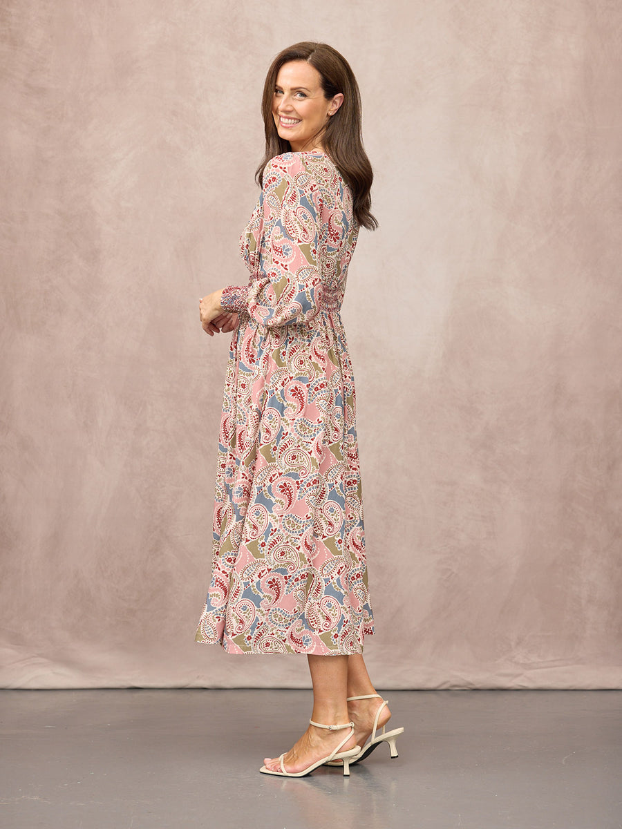 Hatty Contrast Shirring Dress - Multi Paisley Print