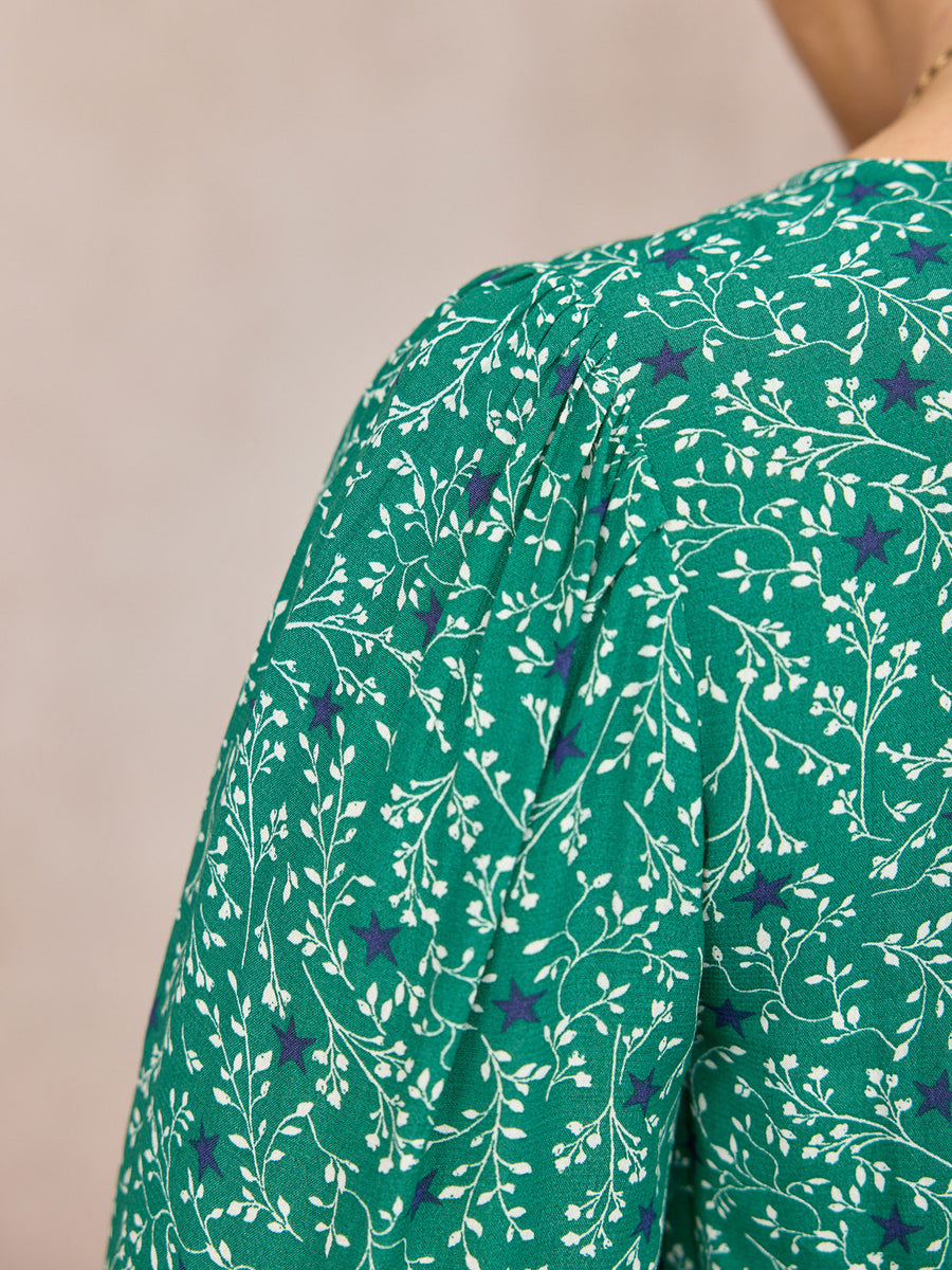 Maddie Long Sleeve V-Neck Dress - Green Botanical & Star Print
