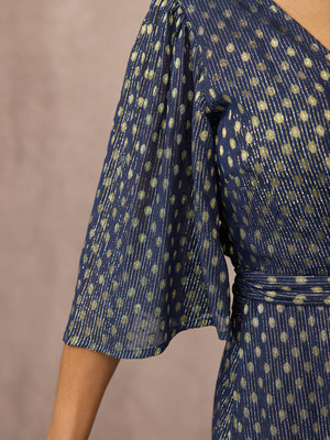 Tricia Wrap Lurex Dress - Navy, Silver & Gold