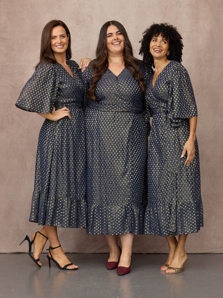 Tricia Wrap Lurex Dress - Navy, Silver & Gold