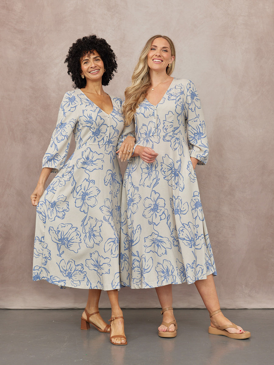 NAME Printed Linen Mix Dress - Blue Floral