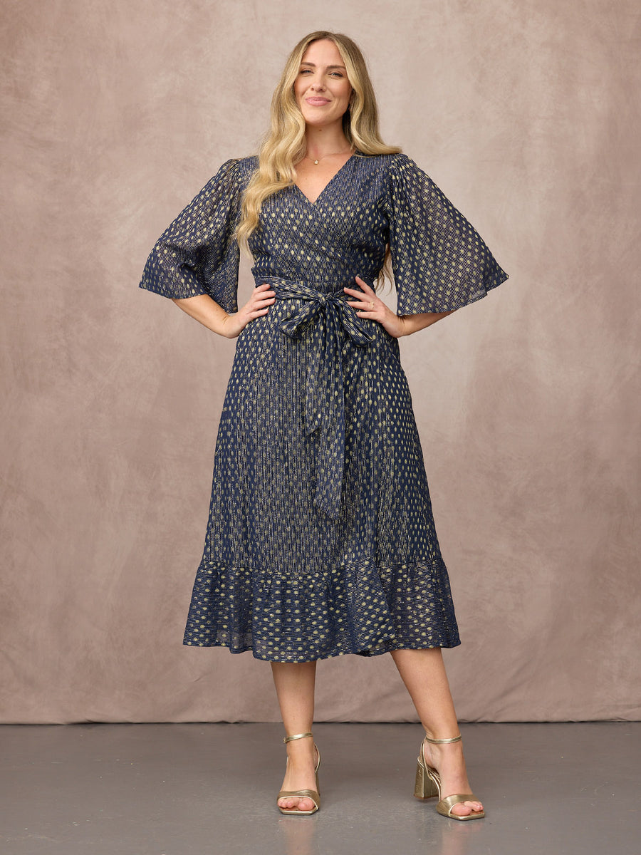 Tricia Wrap Lurex Dress - Navy, Silver & Gold