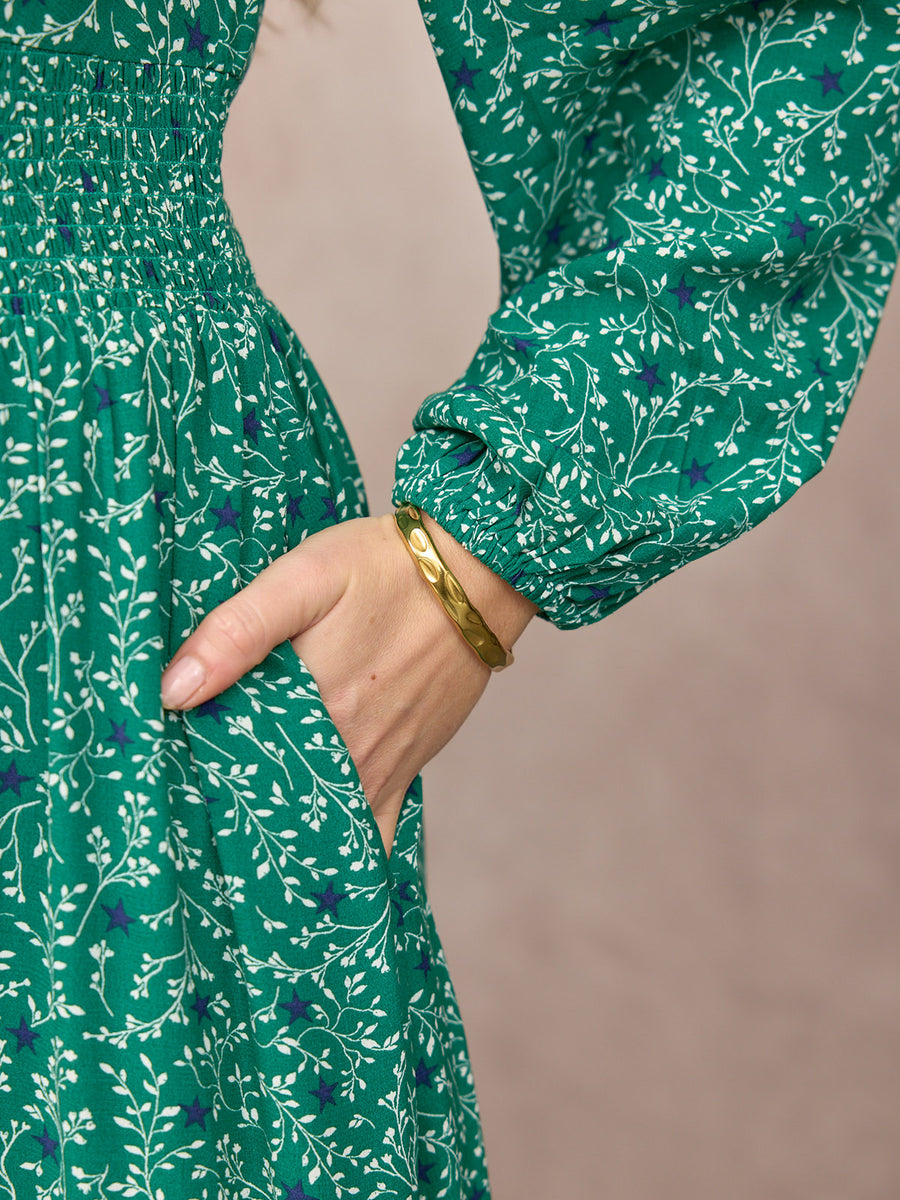 Maddie Long Sleeve V-Neck Dress - Green Botanical & Star Print