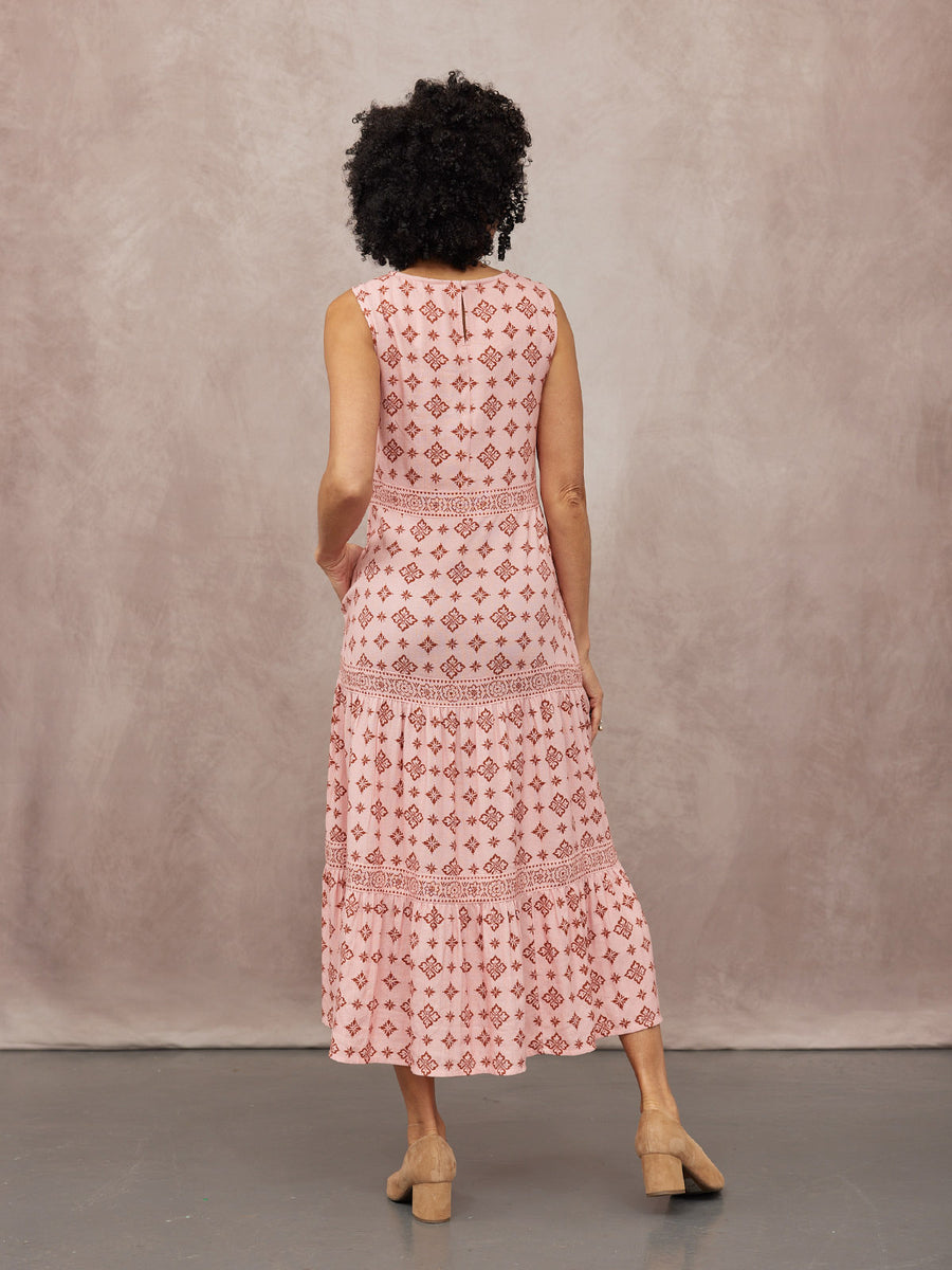 NAME Sleeveless Tiered Dress - Pink & Rust Print