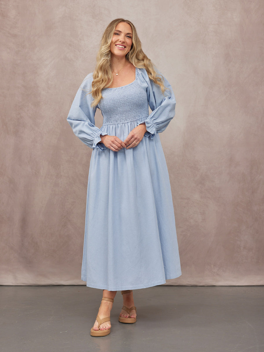 Sam Shirred Dress - Blue