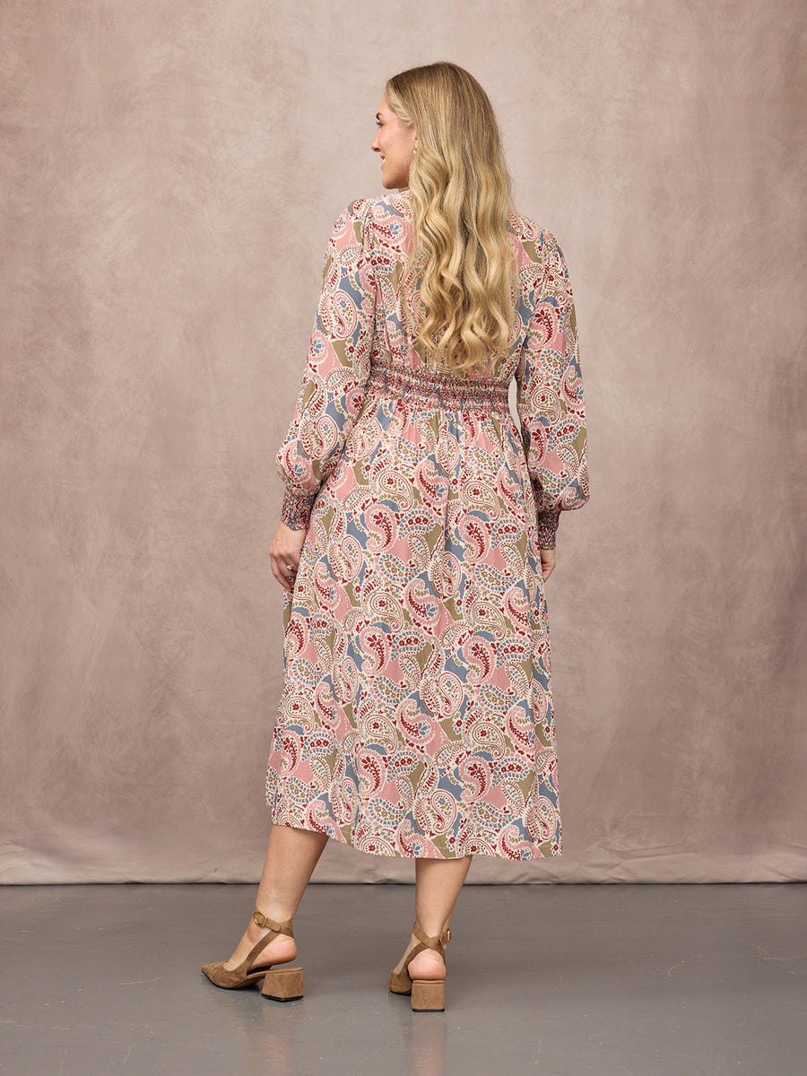 Hatty Contrast Shirring Dress - Multi Paisley Print