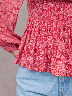 Yara Long Sleeve V-Neck Top - Red & Pink Abstract Floral Print