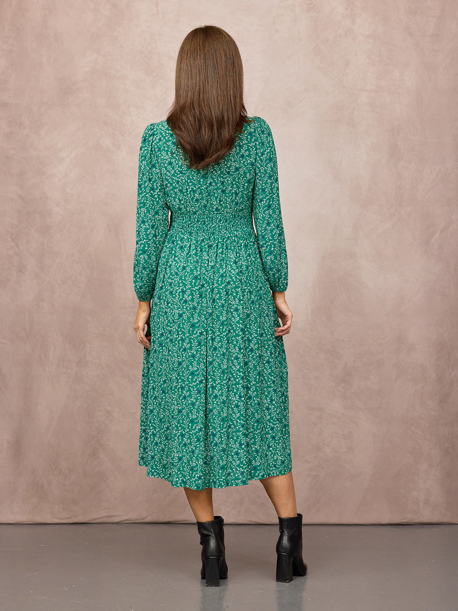 Maddie Long Sleeve V-Neck Dress - Green Botanical & Star Print