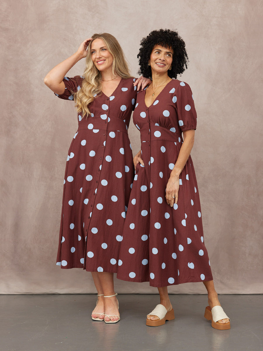 blue brown dress And Printed Maxi The lightweight fabric ensures comfort while maintaining a polished silhouette Karolie Halter Plunge Mini Dress