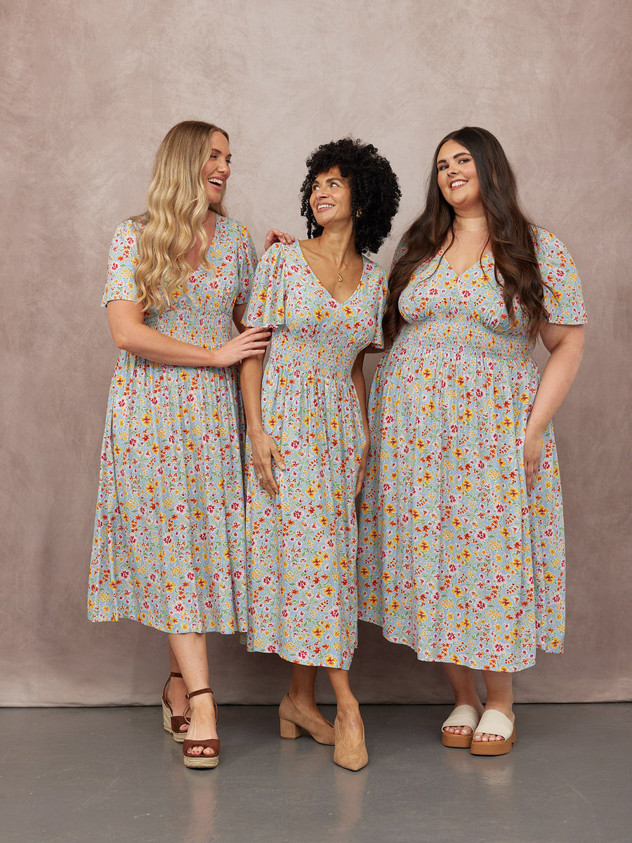 Maddie Short Sleeve Dress -  Light Blue Floral Print