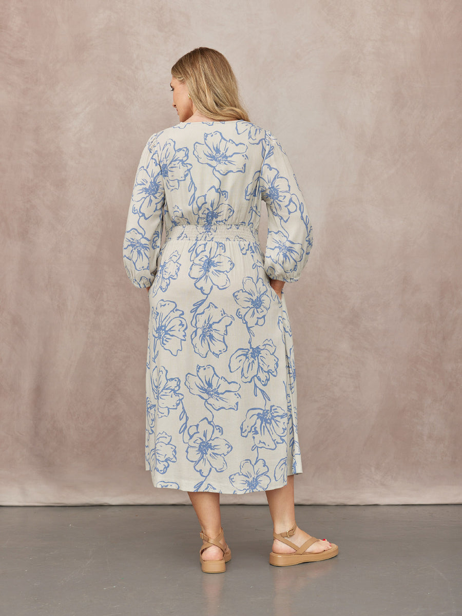 NAME Printed Linen Mix Dress - Blue Floral