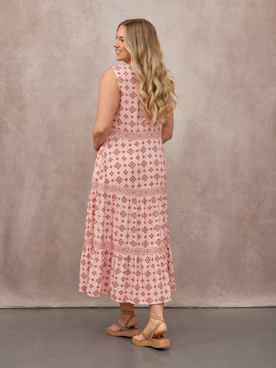 NAME Sleeveless Tiered Dress - Pink & Rust Print