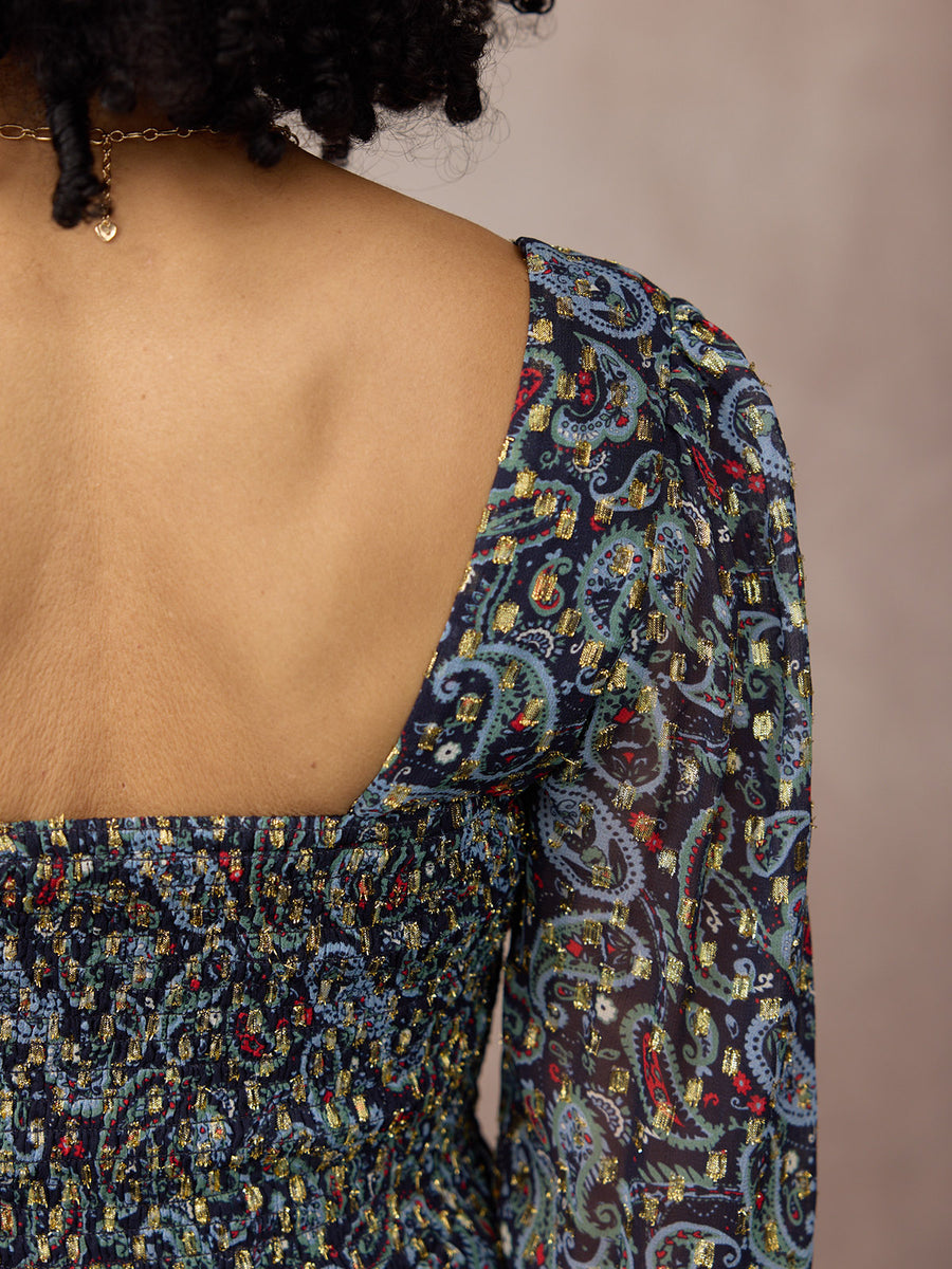 Sharmini Square Neck Paisley Print Lurex Dress - Multi & Gold