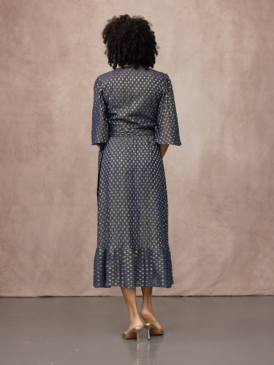 Tricia Wrap Lurex Dress - Navy, Silver & Gold