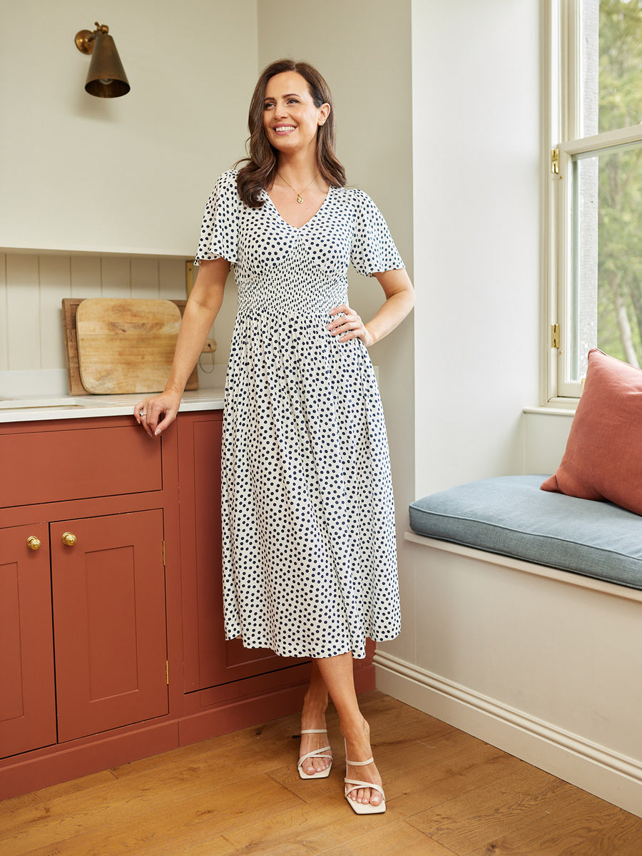 short sleeve polka dot dress Puff Midi Sand Small Delicate brown and white micro polka dots dance across the flowing skirt Polka Dots Dresses for Women's