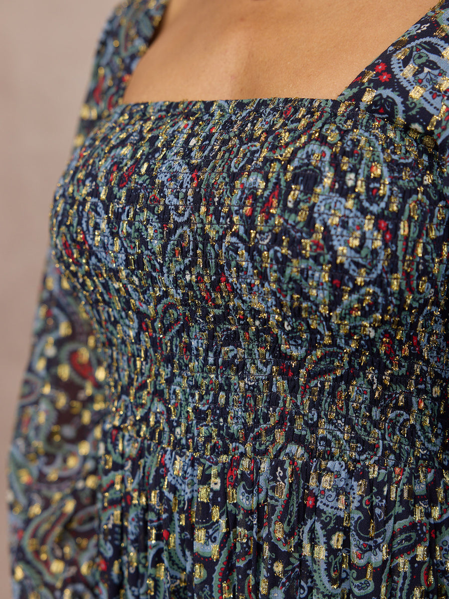 Sharmini Square Neck Paisley Print Lurex Dress - Multi & Gold