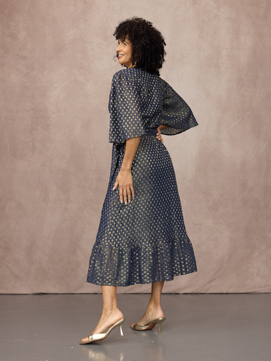 Tricia Wrap Lurex Dress - Navy, Silver & Gold