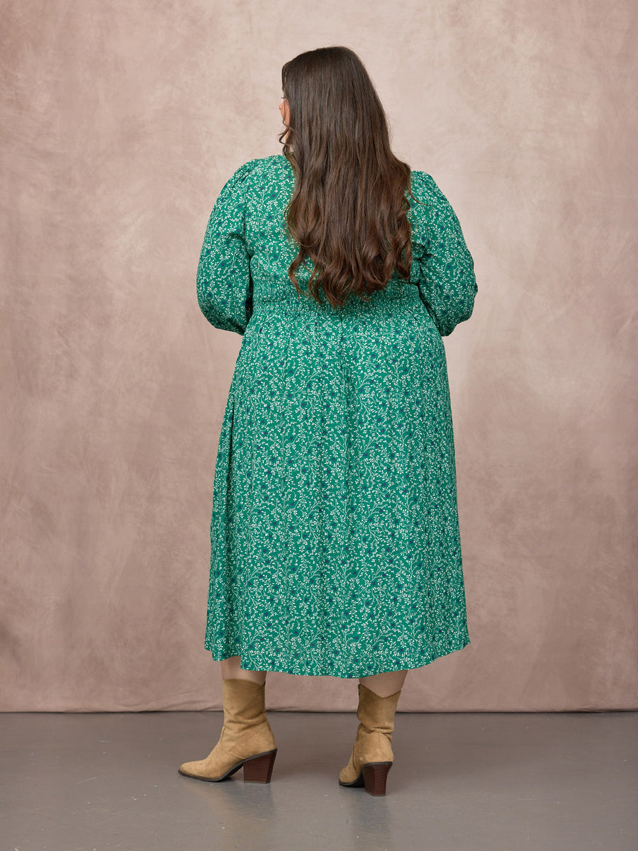 Maddie Long Sleeve V-Neck Dress - Green Botanical & Star Print