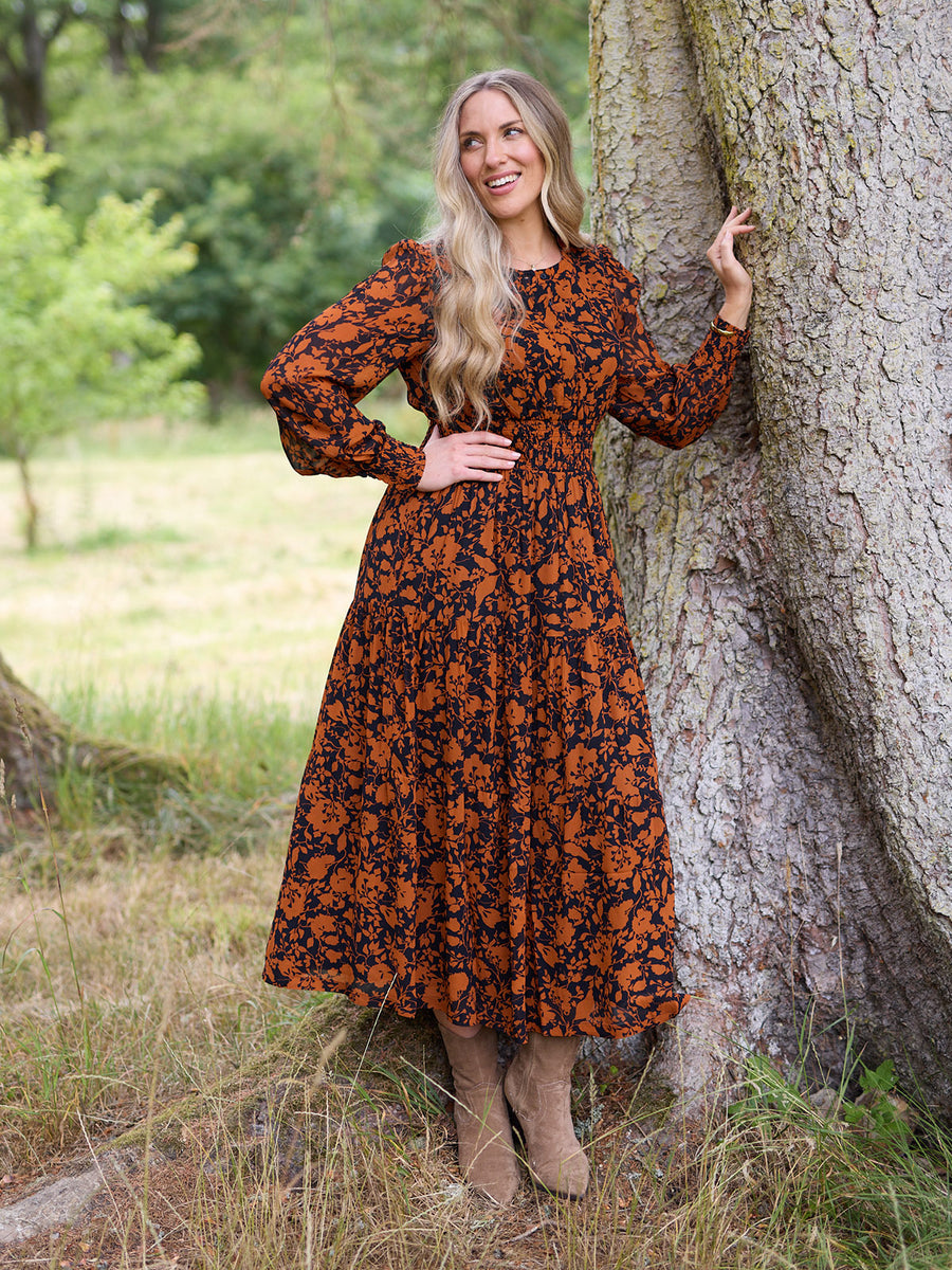 Eleanor Tiered Skirt Dress - Orange & Black Floral Print