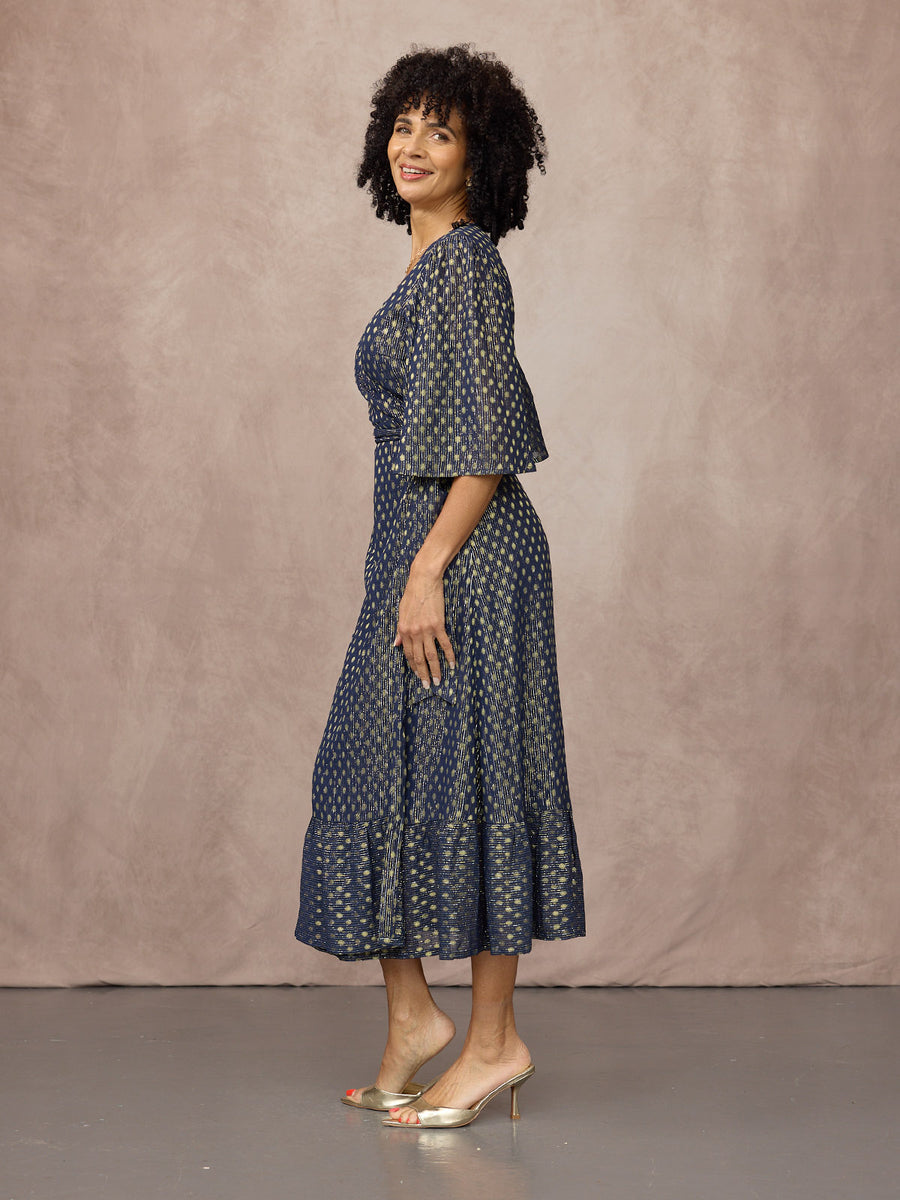 Tricia Wrap Lurex Dress - Navy, Silver & Gold