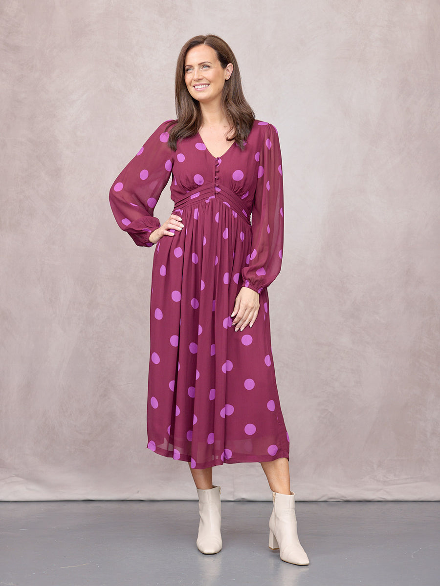 Connie Georgette Dress - Purple Spot Print
