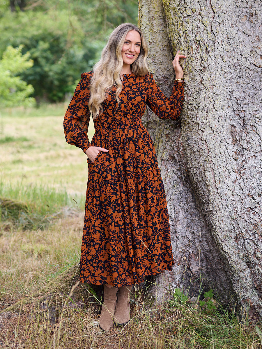 Eleanor Tiered Skirt Dress - Orange & Black Floral Print