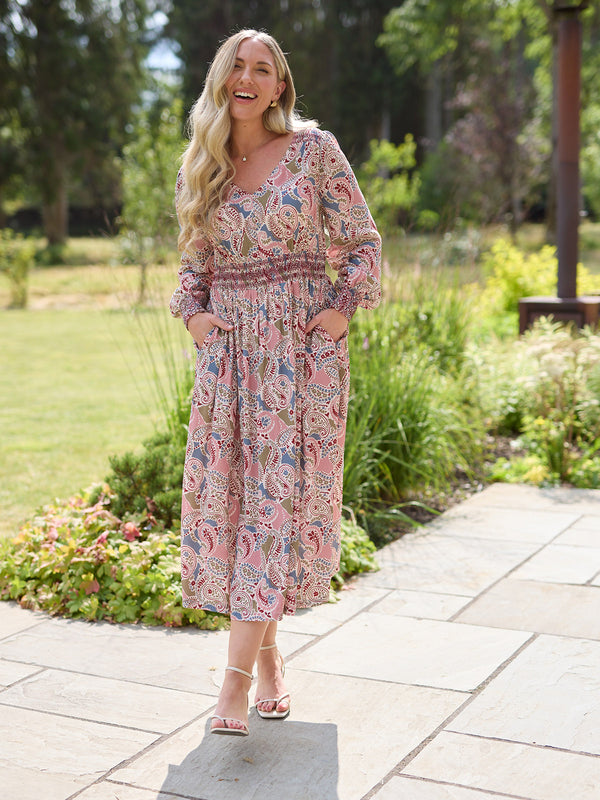 Hatty Contrast Shirring Dress - Multi Paisley Print