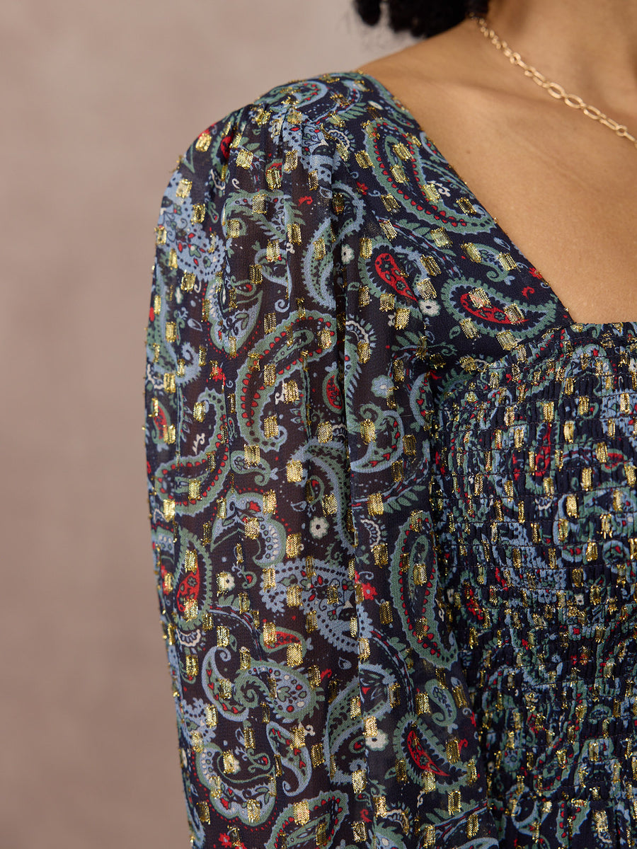 Sharmini Square Neck Paisley Print Lurex Dress - Multi & Gold