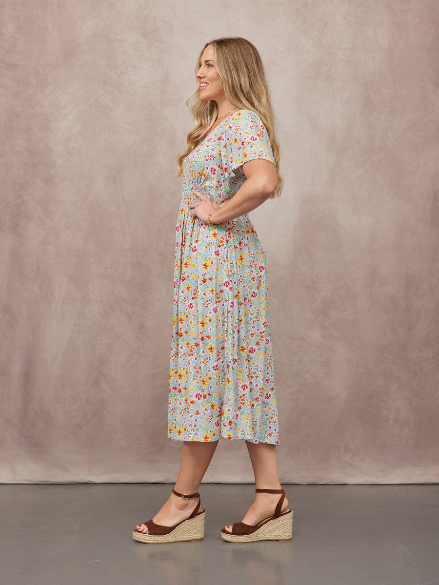 Maddie Short Sleeve Dress -  Light Blue Floral Print