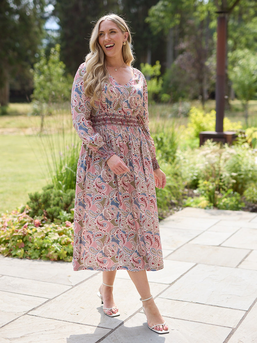 Hatty Contrast Shirring Dress - Multi Paisley Print